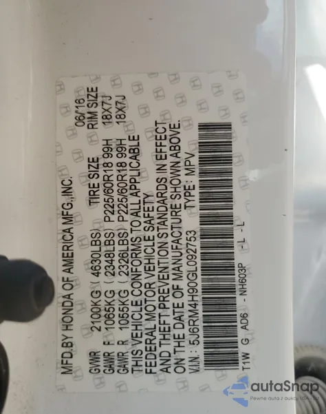 2016 Honda Cr-V Touring from USA, damaged, VIN 5J6RM4H90GL092753